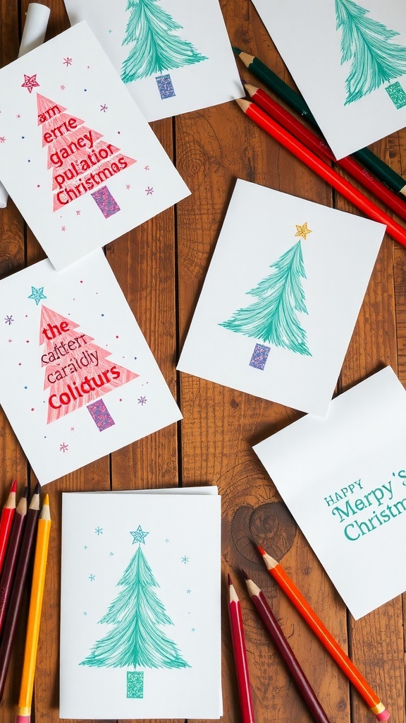 Handmade Christmas cards with colored pencil designs on a wooden table.